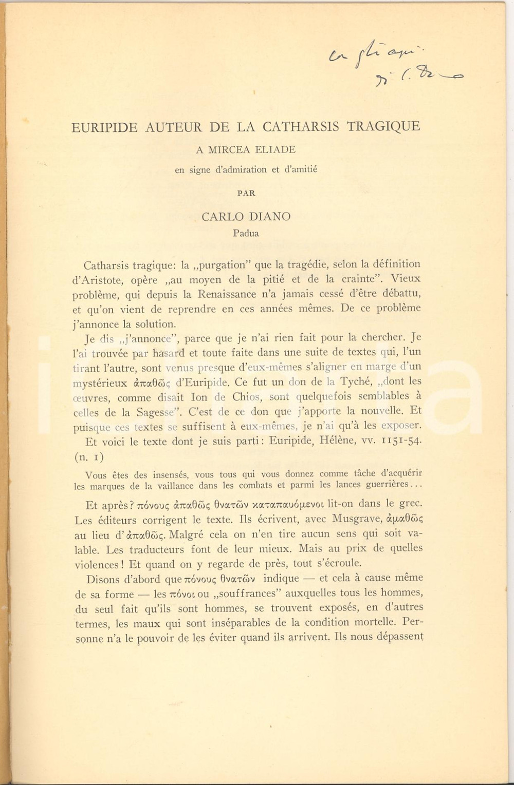 Oggetto da collezione cartaceo 1961 Carlo DIANO Euripide auteur de catharsis tragique 1