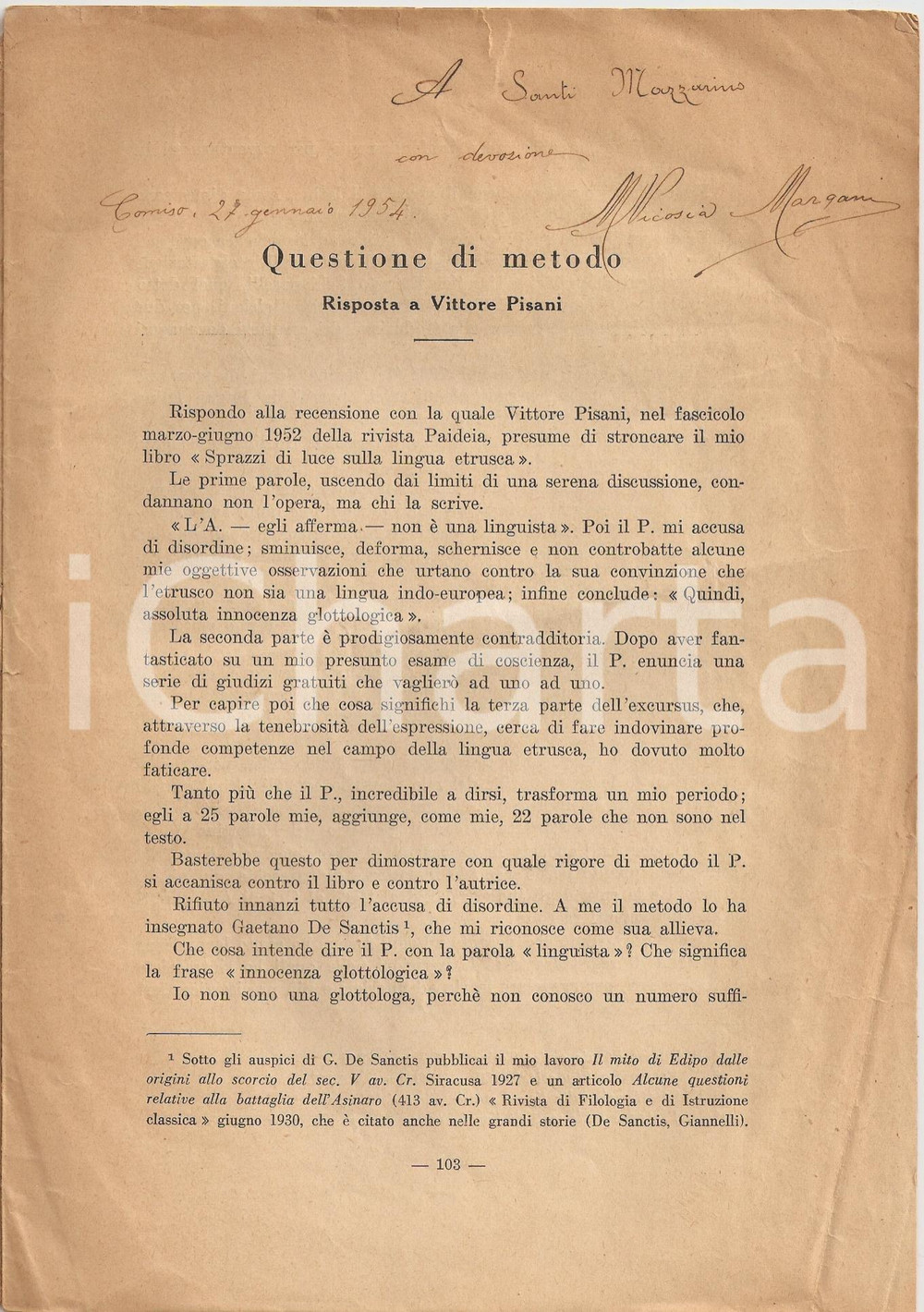 Oggetto da collezione cartaceo 1953 M. NICOSIA MARGANI Risposta a Vittore PISANI 1
