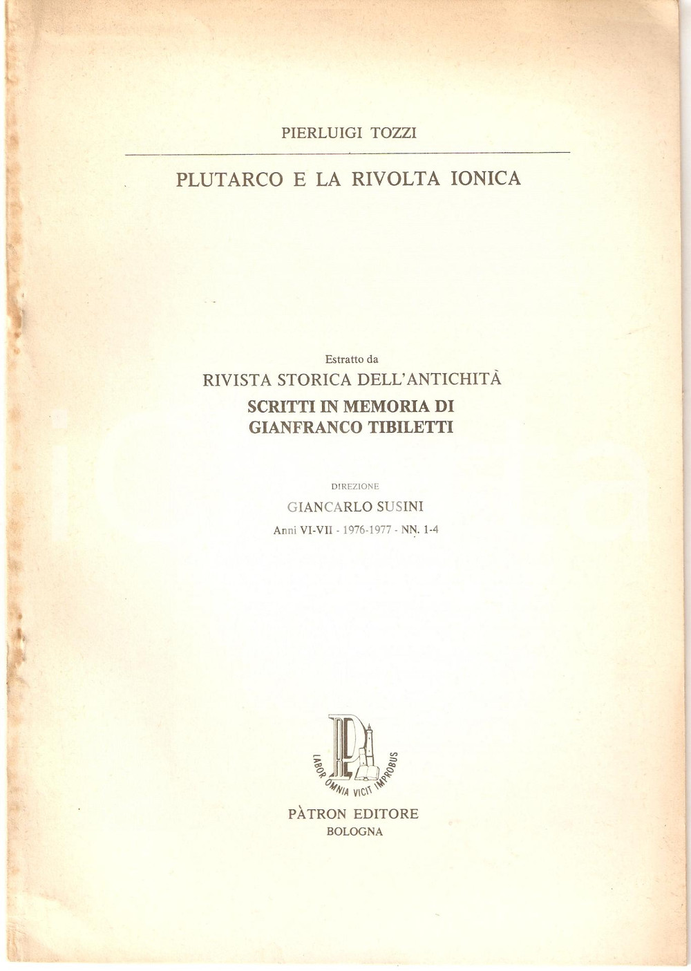 Oggetto da collezione cartaceo 1976 Pierluigi TOZZI Plutarco e la rivolta ionica 1