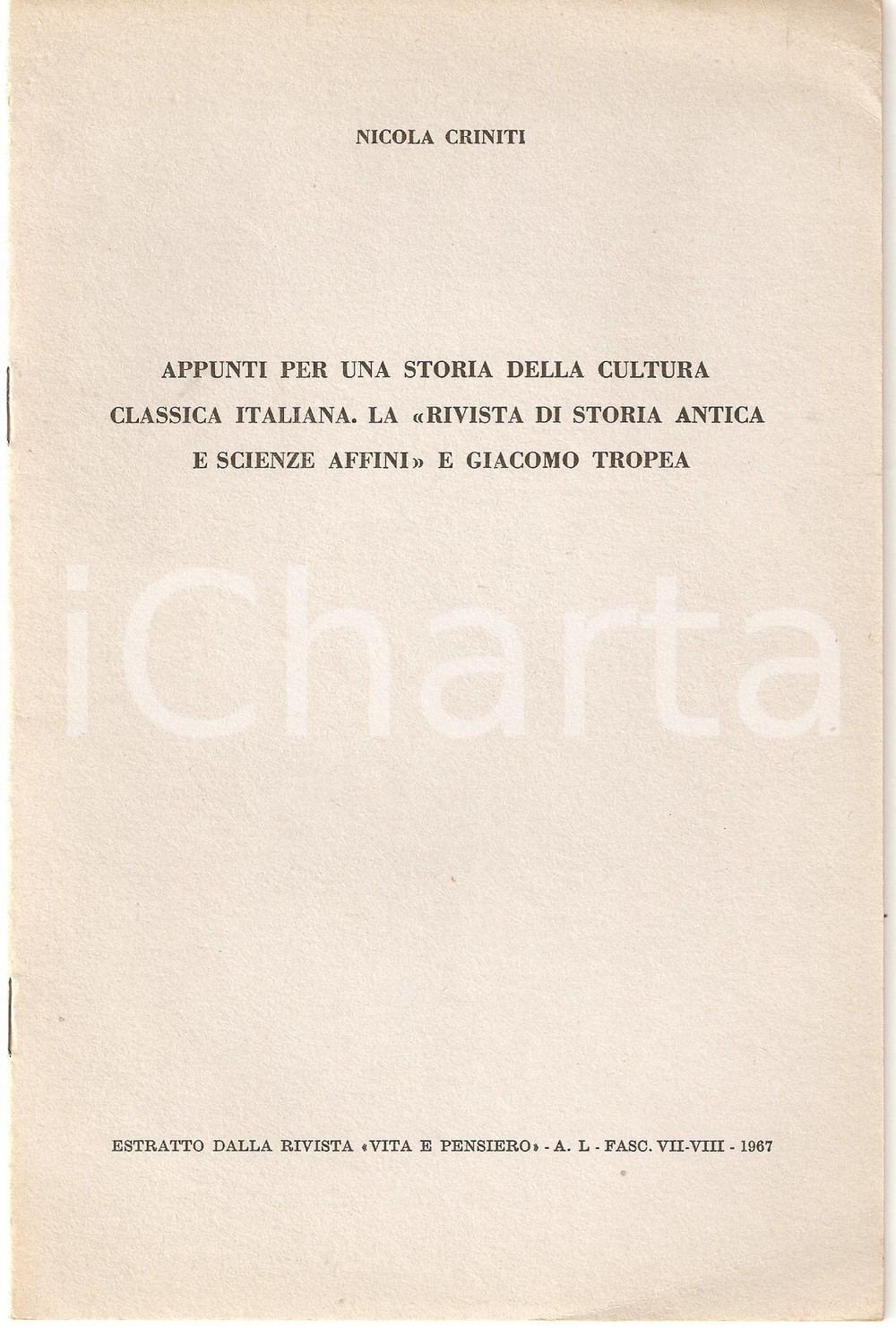 Oggetto da collezione cartaceo 1967 Nicola CRINITI Rivista di storia antica G. TROPEA 1