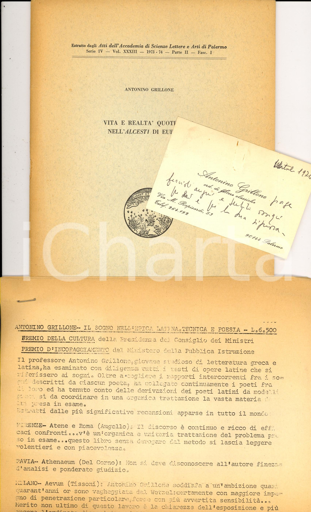 Oggetto da collezione cartaceo 1974 Antonino GRILLONE Vita e realtÃ  Alcesti EURIPIDE 1