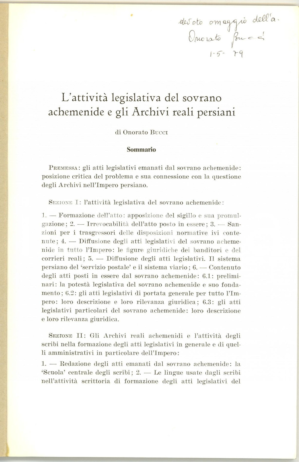 Oggetto da collezione cartaceo 1978 Onorato BUCCI AttivitÃ  legislativa Achemenidi 1