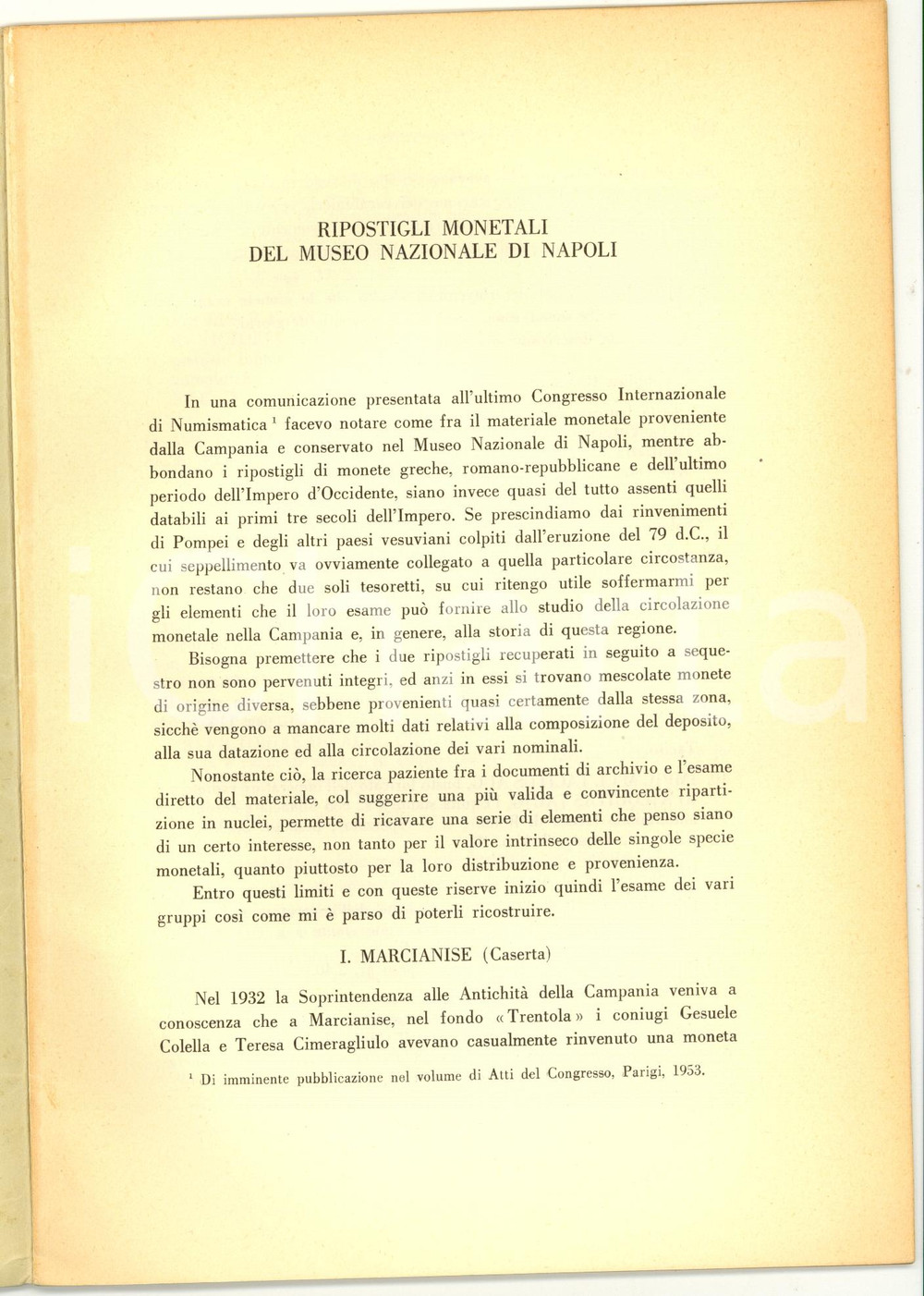 Oggetto da collezione cartaceo 1954 Attilio STAZIO Ripostigli denari Museo di NAPOLI 1