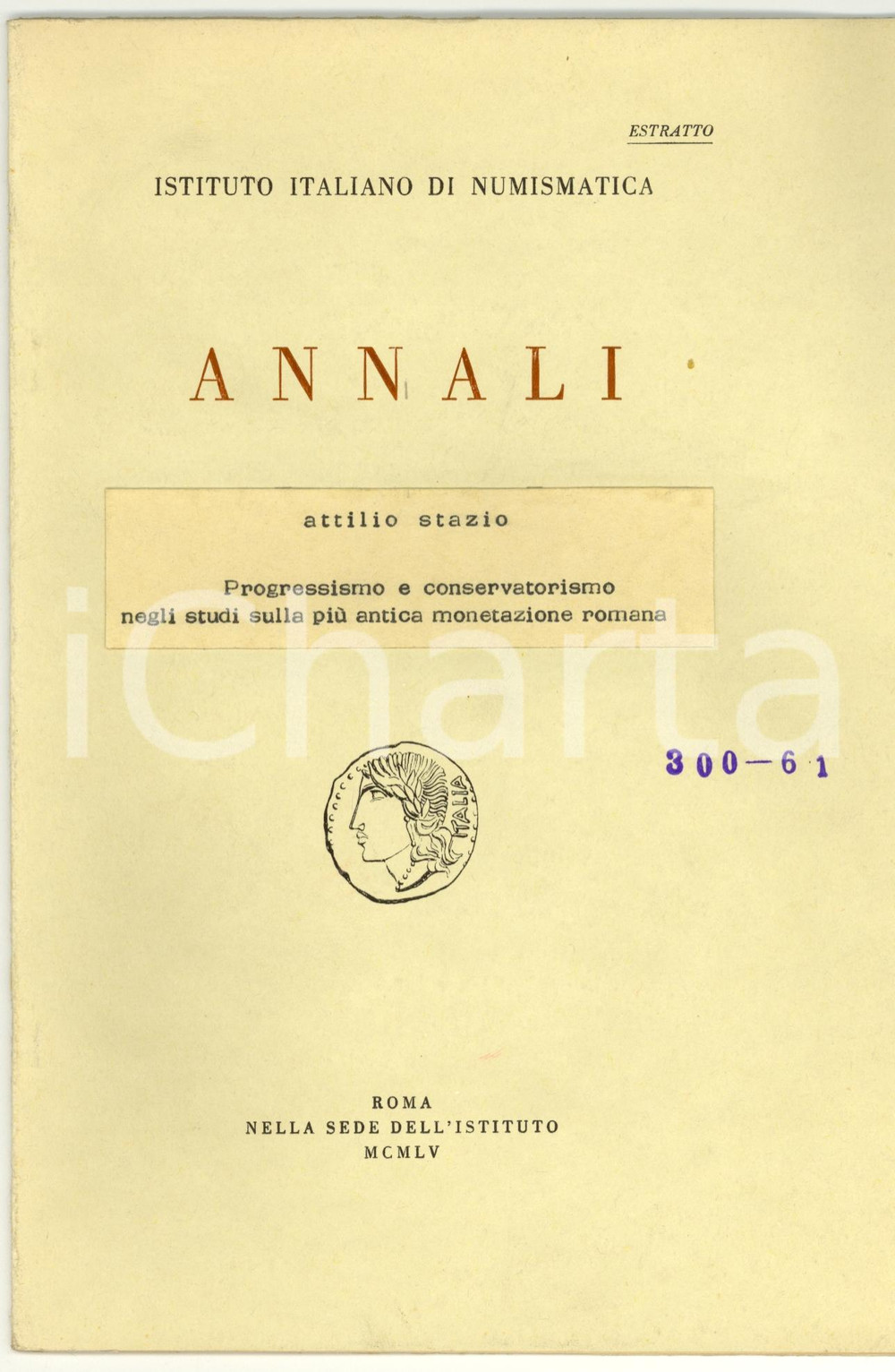 Oggetto da collezione cartaceo 1955 Attilio STAZIO Studi su antica monetazione romana 1