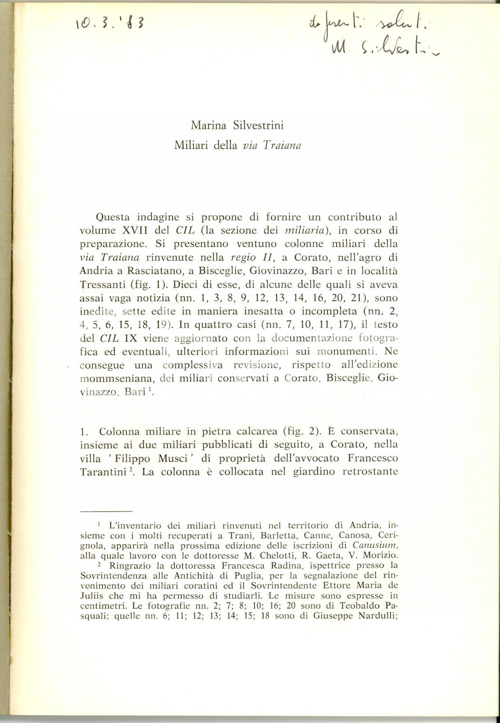Libro, pubblicazione d epoca 1983 Marina SILVESTRINI Miliari della via TRAIANA 1