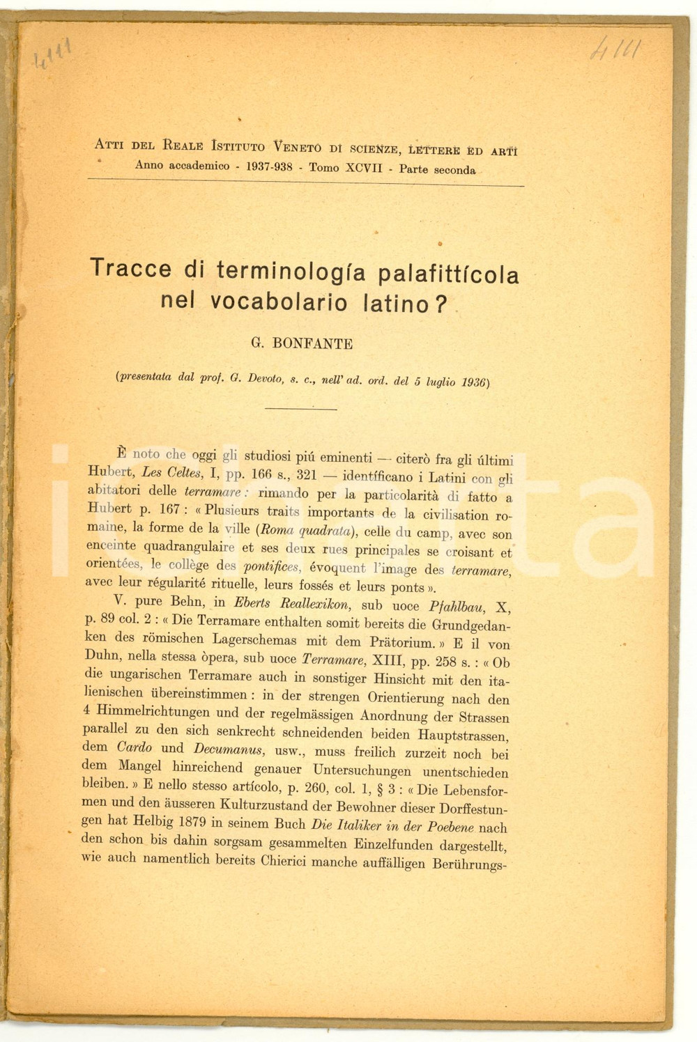 Oggetto da collezione cartaceo 1937 Giuliano BONFANTE La terminologia palafitticola 1