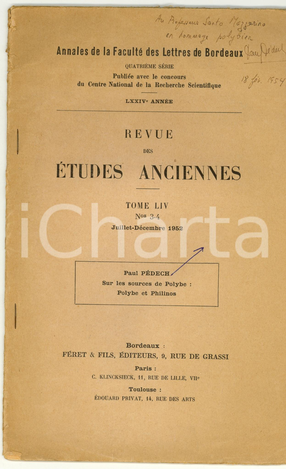 Libro, pubblicazione d epoca 1952 Paul PEDECH Sur les sources de POLYBE 1
