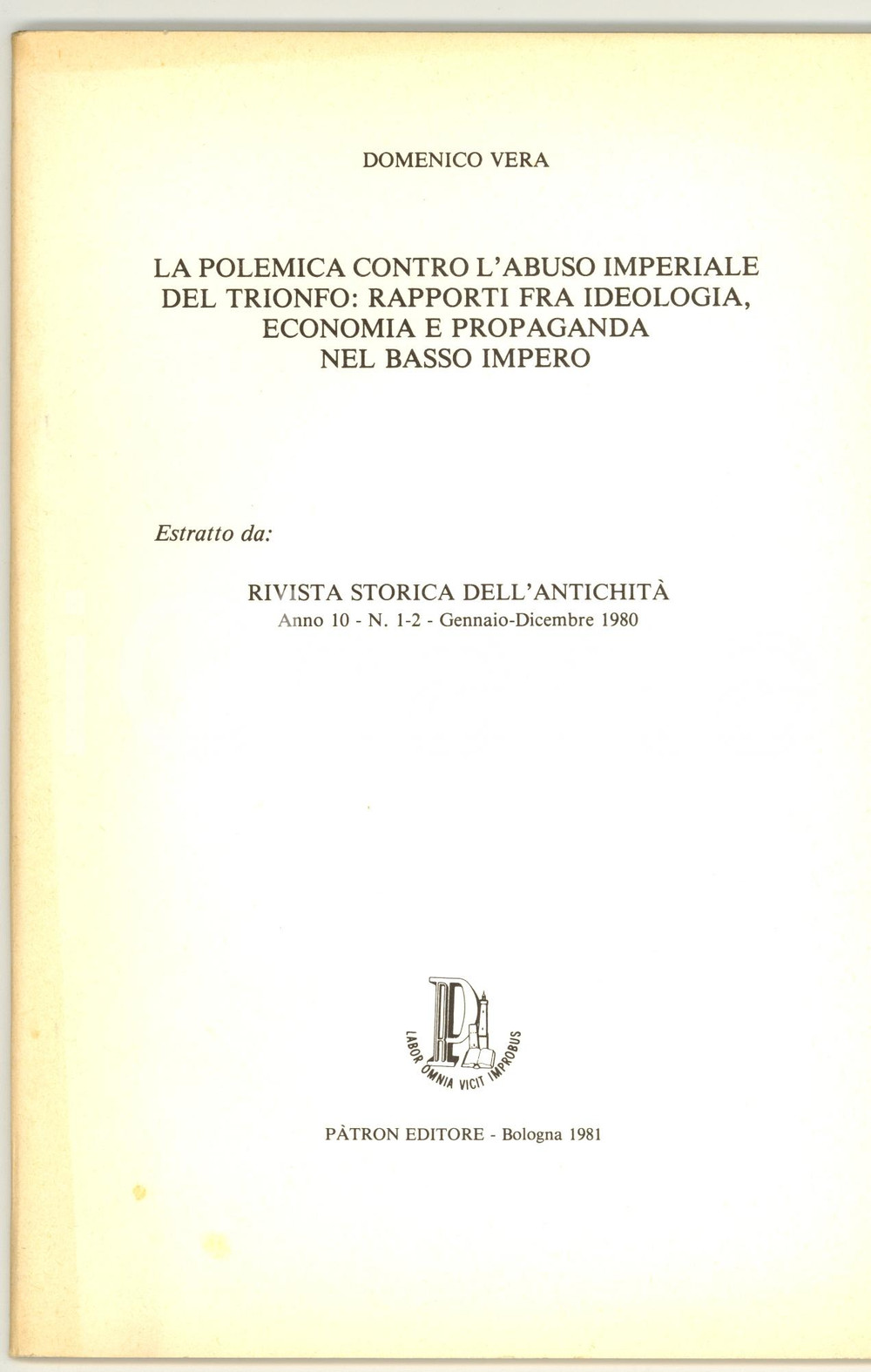 Libro, pubblicazione d epoca 1981 Domenico VERA Contro l abuso imperiale del trionfo 1
