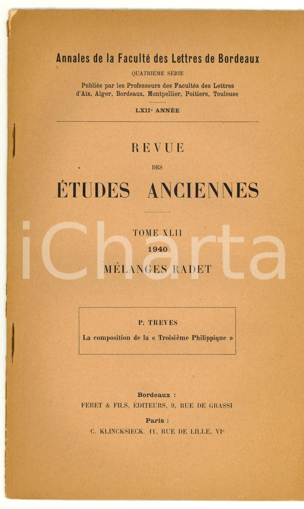 Libro, pubblicazione d epoca 1939 P. TREVES Composition de la troisiÃ¨me Philippique 1