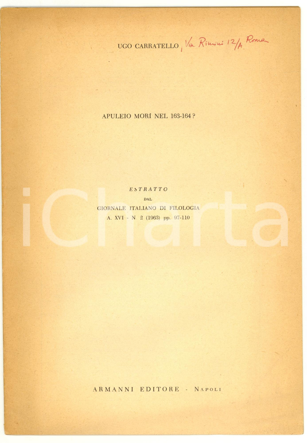 Oggetto da collezione cartaceo 1963 Ugo CARRATELLO Apuleio morÃ¬ nel 163164? 1