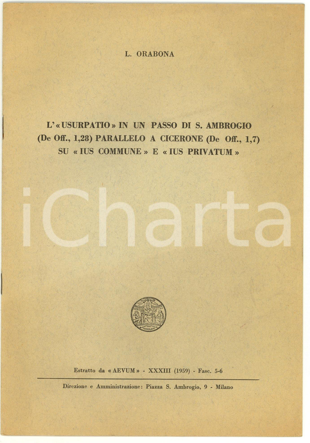 Libro, pubblicazione d epoca 1959 Luciano ORABONA Usurpatio in un passo S. Ambrogio 1