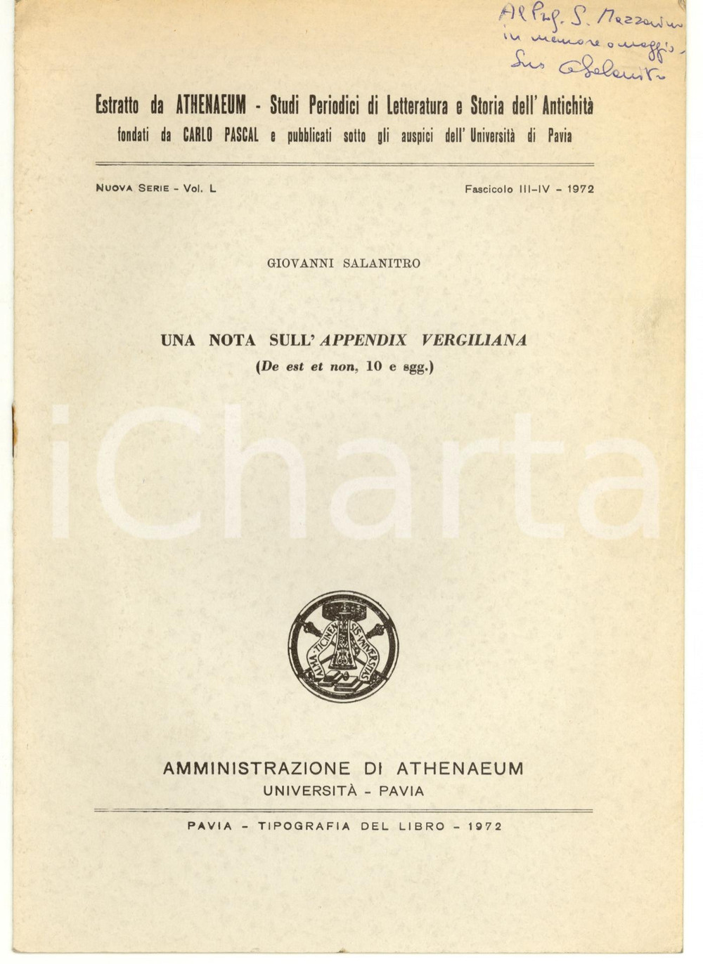 Libro, pubblicazione d epoca 1972 Giovanni SALANITRO Nota sull Appendix Vergiliana 1