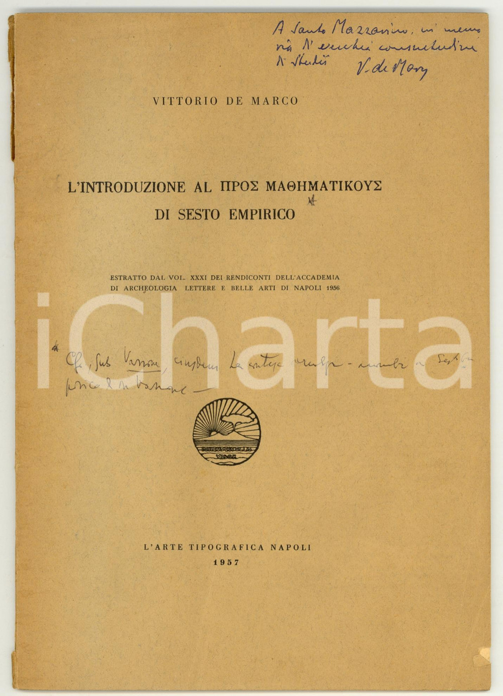 Libro, pubblicazione d epoca 1957 Vittorio DE MARCO Epos mathematikois S. EMPIRICO 1
