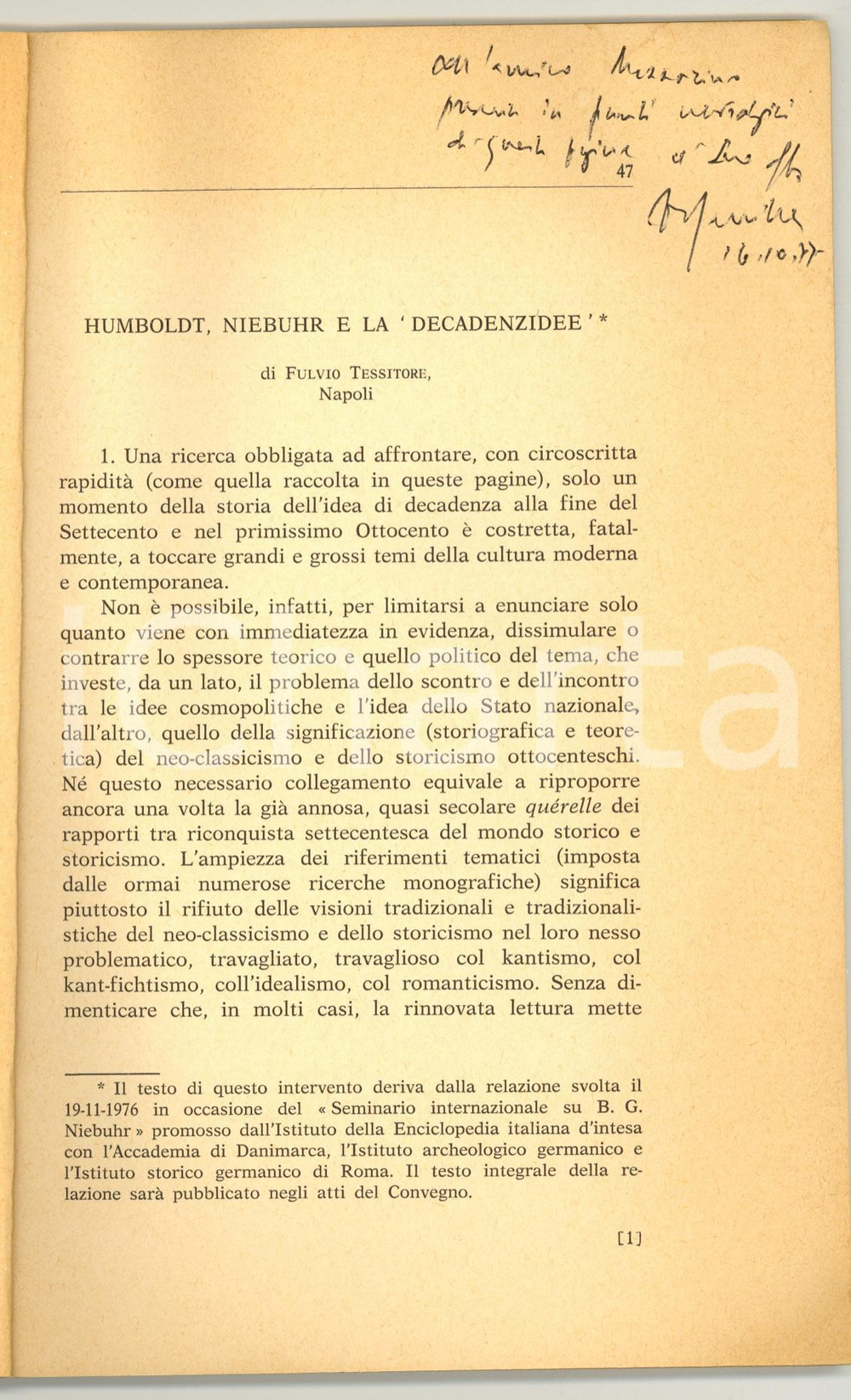 Libro, pubblicazione d epoca 1977 Fulvio TESSITORE Humboldt, Niebuhr e Decadenzidee 1