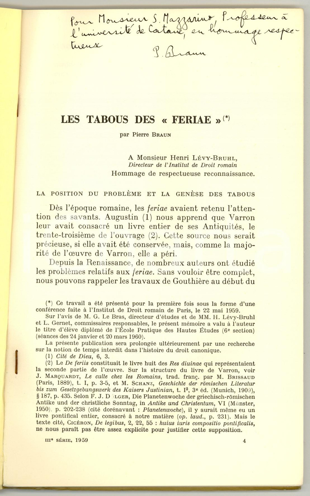 Libro, pubblicazione d epoca 1959 Pierre BRAUN Les tabous de FERIAE 1