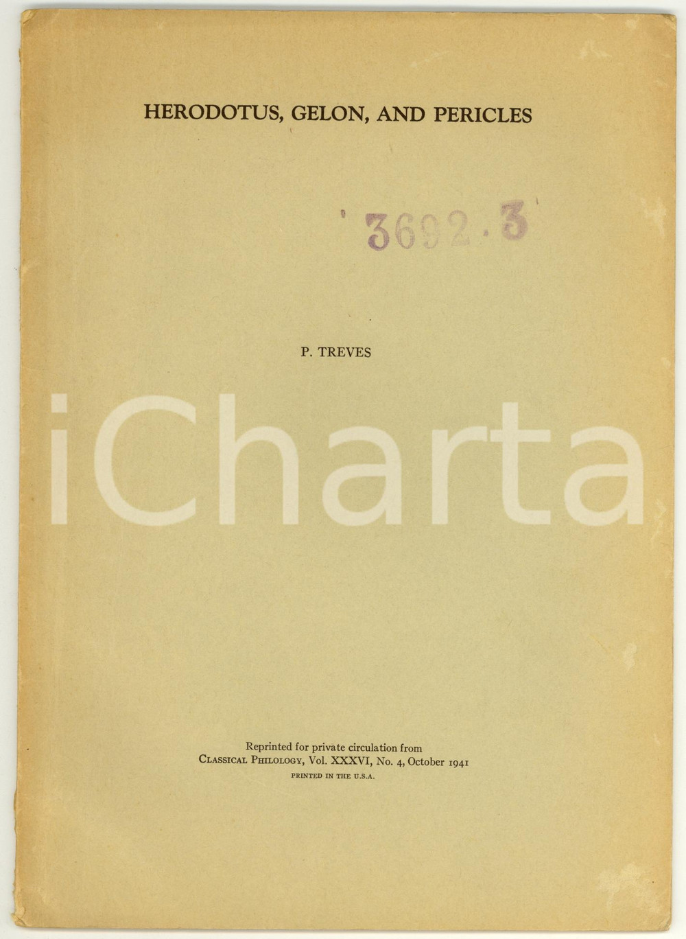 Oggetto da collezione cartaceo 1941 Paolo TREVES Herodotus, Gelon and Pericles 1
