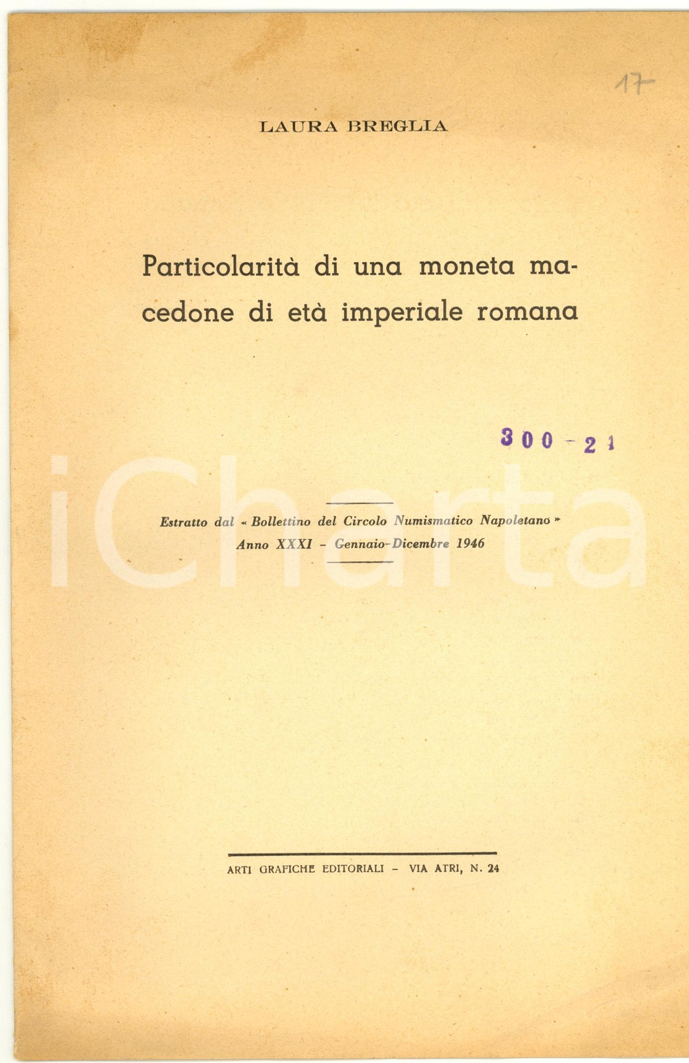 Libro, pubblicazione d epoca 1946 Laura BREGLIA Moneta macedone di etÃ  imperiale 1