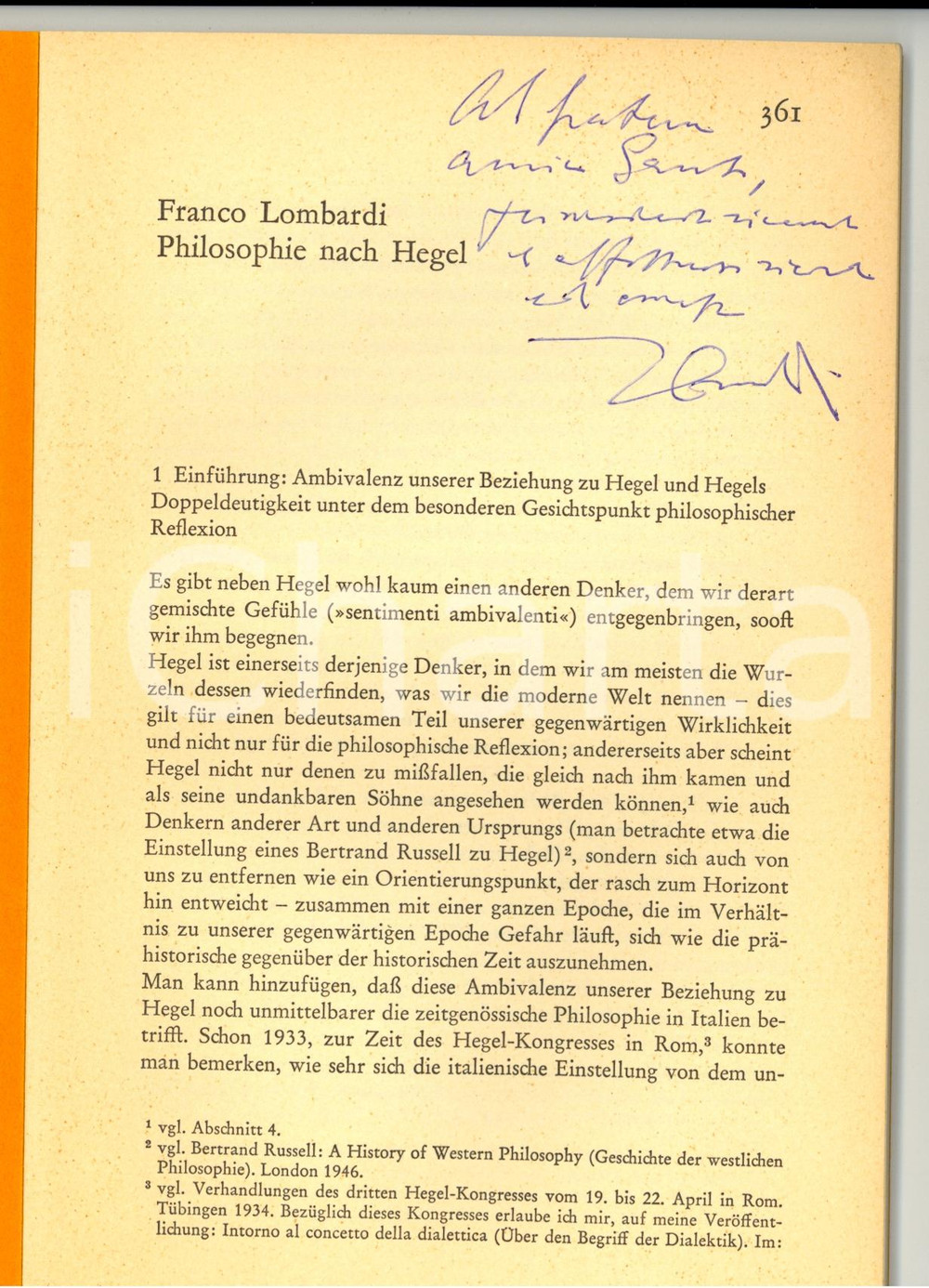 Libro, pubblicazione d epoca 1970 Franco LOMBARDI Philosophie nach Hegel AUTOGRAFATO 1