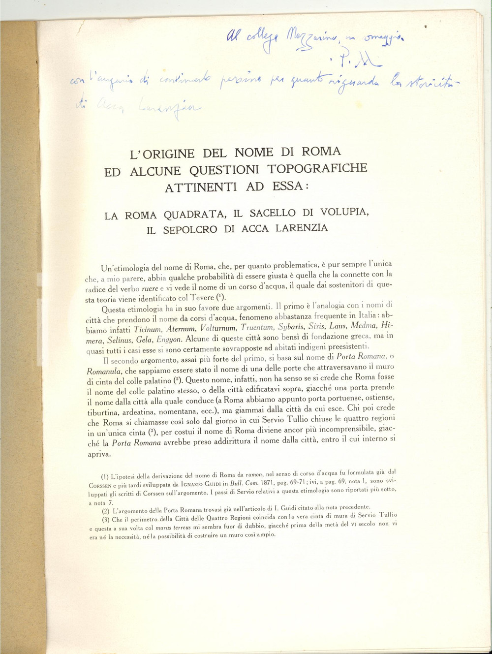Libro, pubblicazione d epoca 1964 Paolino MINGAZZINI L origine del nome di Roma Autografo 1