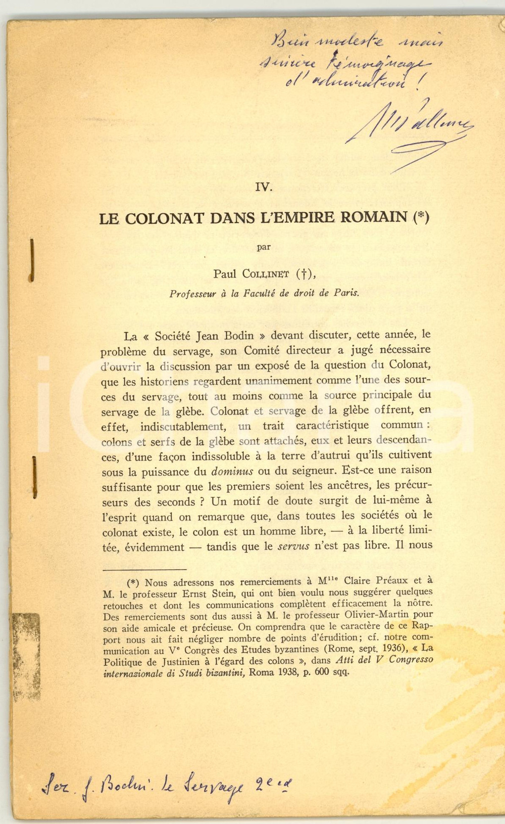 Libro, pubblicazione d epoca 1984 Le colonat dans l Empire Romain par Paul COLLINET leggasi descrizione 1