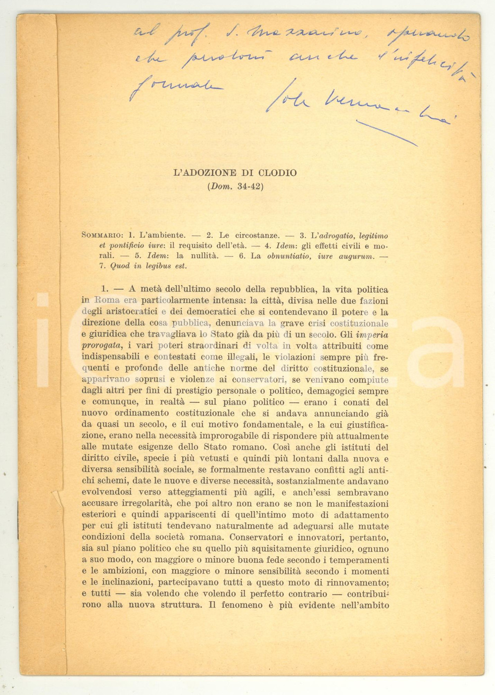 Libro, pubblicazione d epoca 1970 Jole VERNACCHIA L adozione di CLODIO Autografato 1