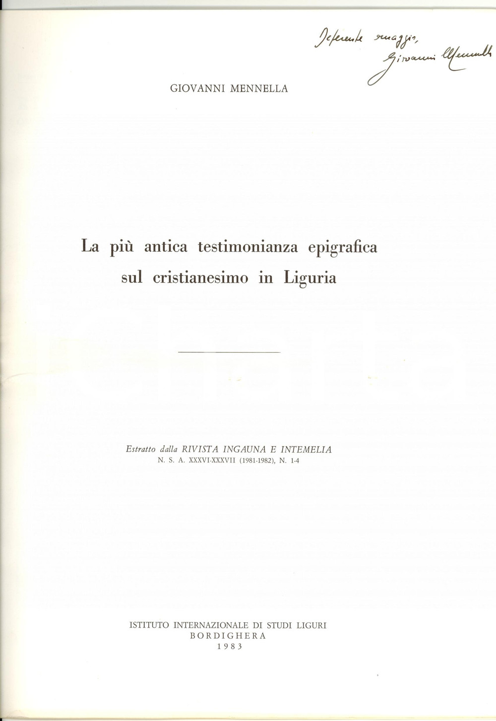 Libro, pubblicazione d epoca 1983 Giovanni MENNELLA Cristianesimo in Liguria AUTOGR. 1