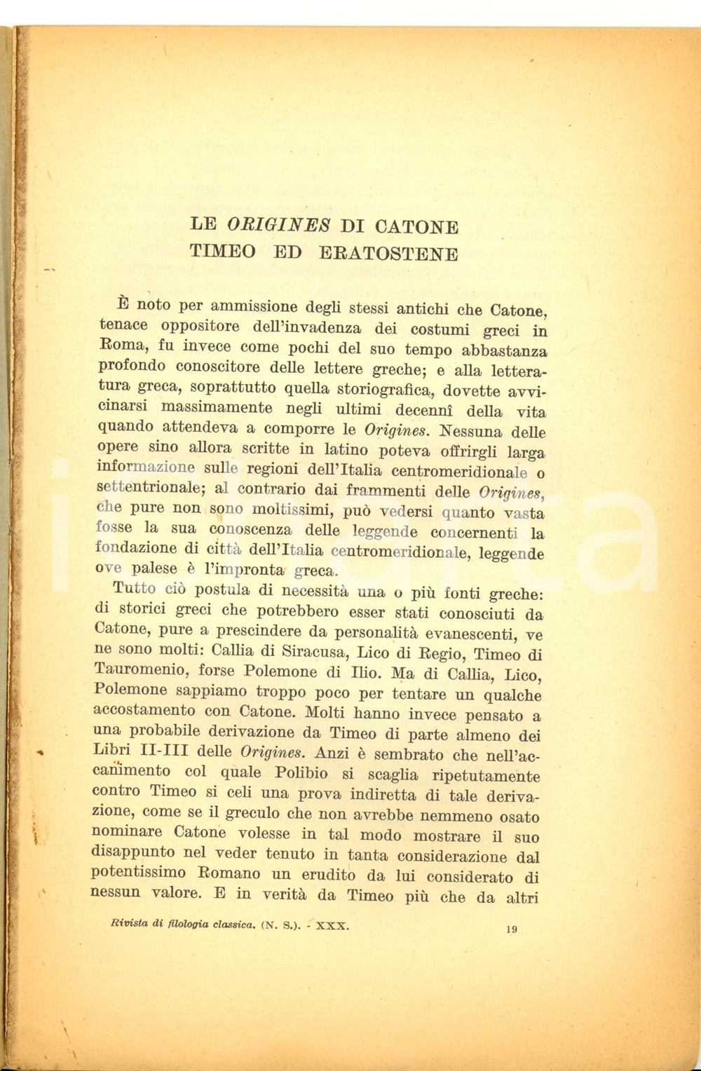 Libro, pubblicazione d epoca 1952 Luigi MORETTI Le origini di Catone e Timeo 1