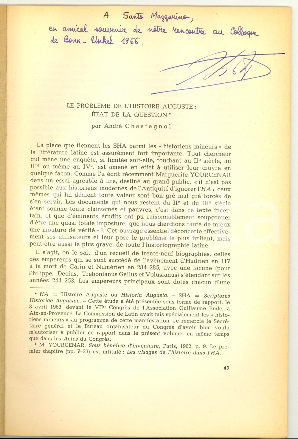 Libro, pubblicazione d epoca 1964 AndrÃ© CHASTAGNOL ProblÃ¨me Histoire Auguste AUTOGR. 1