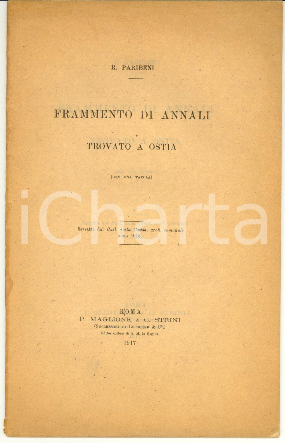 Libro, pubblicazione d epoca 1917 Roberto PARIBENI Frammento Annali trovato a OSTIA 1