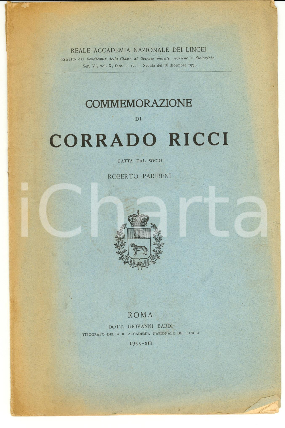 Libro, pubblicazione d epoca 1935 Roberto PARIBENI Commemorazione del socio Corrado RICCI 1