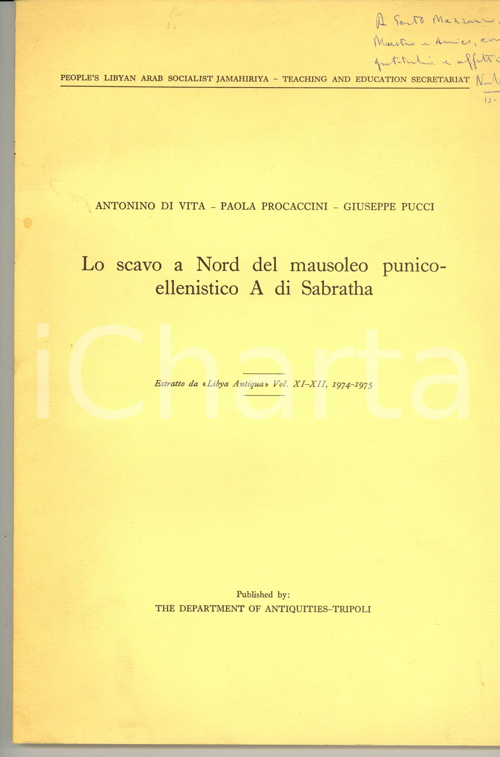 Libro, pubblicazione d epoca 1975 Antonino DI VITA Scavo a Nord mausoleo SABRATHA 1