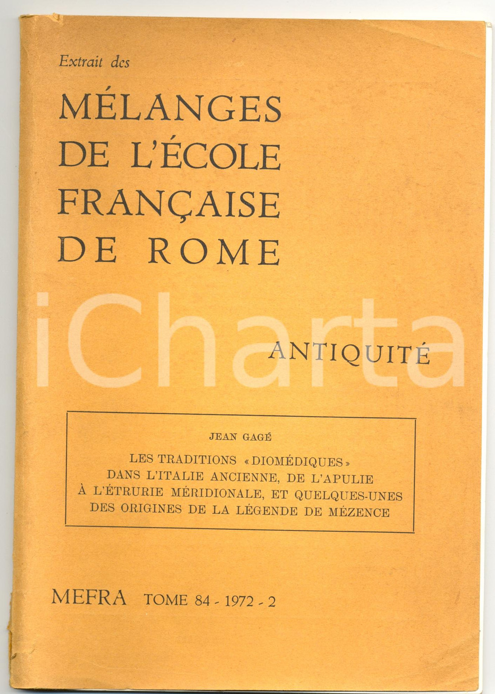 Libro, pubblicazione d epoca 1972 Jean GAGE  Traditions diomÃ©diques Italie ancienne 1