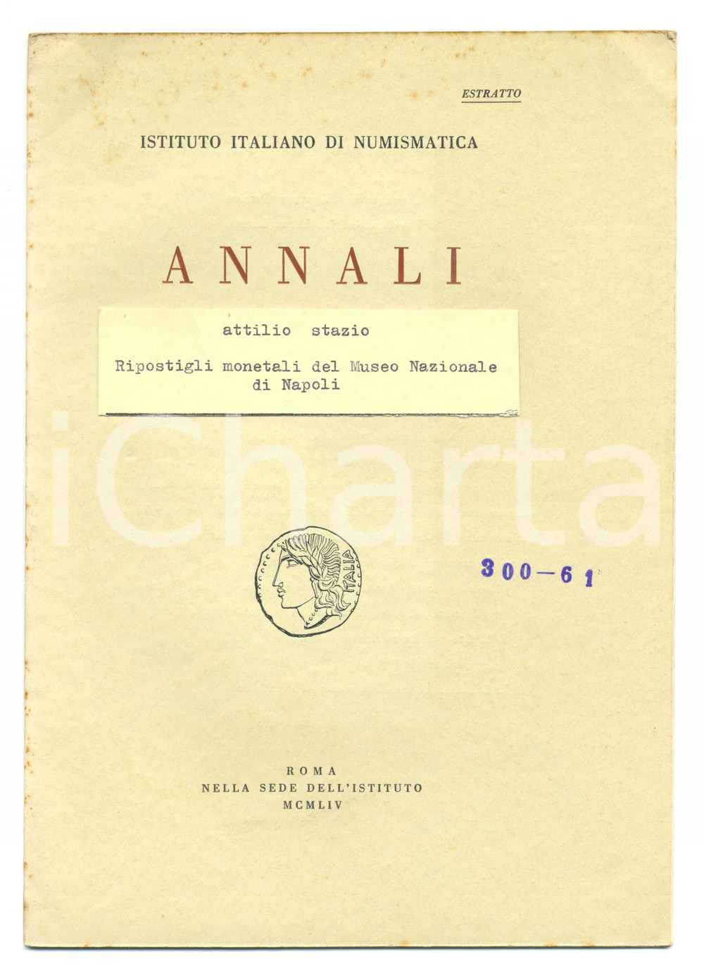 Libro, pubblicazione d epoca 1964 Attilio STAZIO Ripostigli monetali museo NAPOLI 1