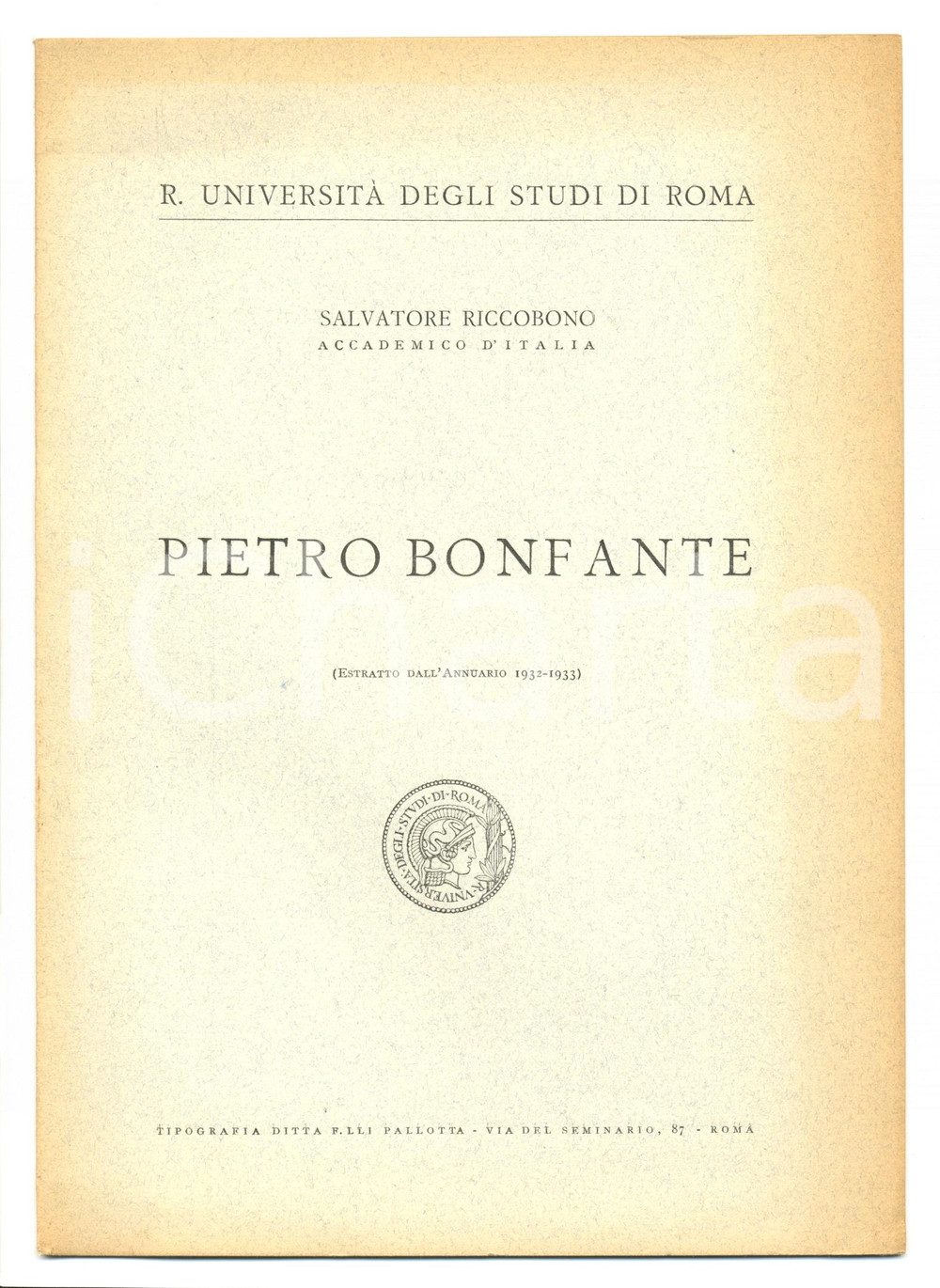 Libro, pubblicazione d epoca 1933 Salvatore RICCOBONO In memoria di Pietro BONFANTE 1