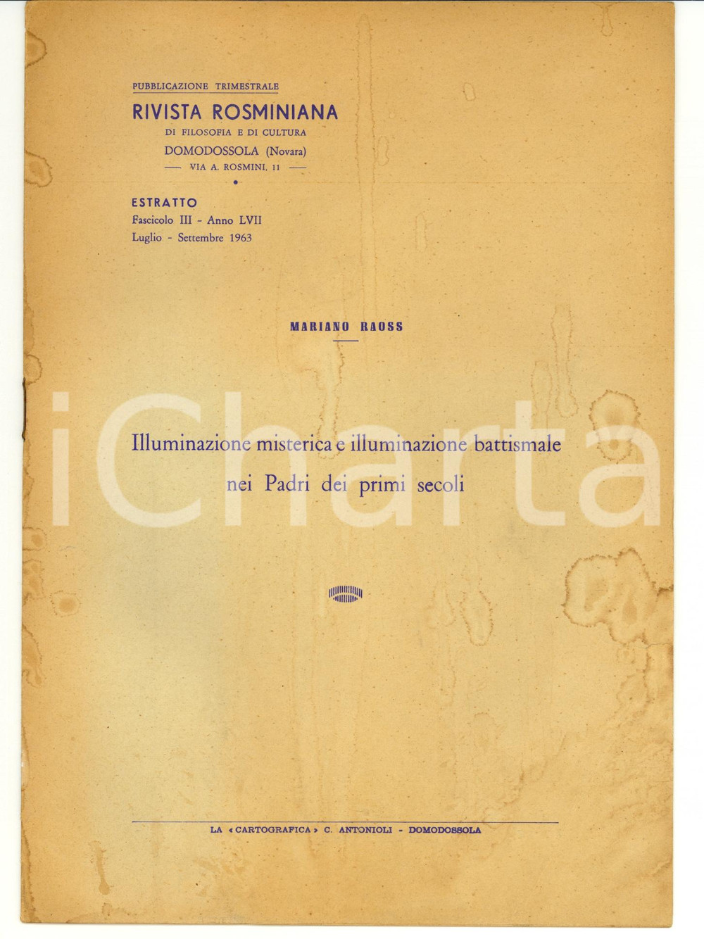 Libro, pubblicazione d epoca 1963 Mariano RAOSS Illuminazione misterica e battesimale nei Padri 1