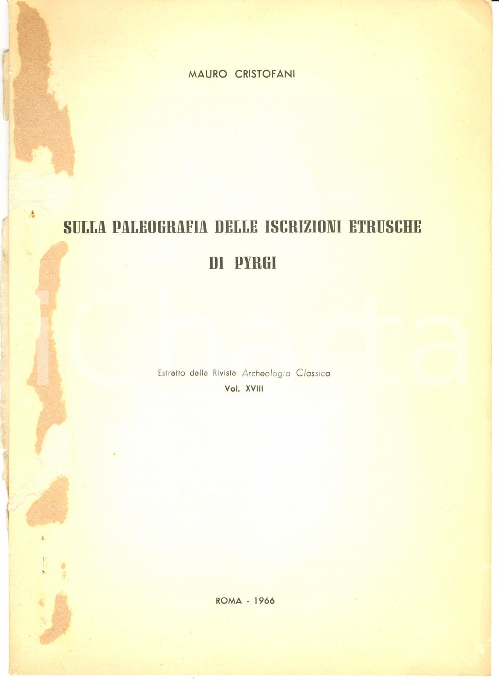 Libro, pubblicazione d epoca 1966 Mauro CRISTOFANI Paleografia delle iscrizioni etrusche di PYRGI  8 pp. 1