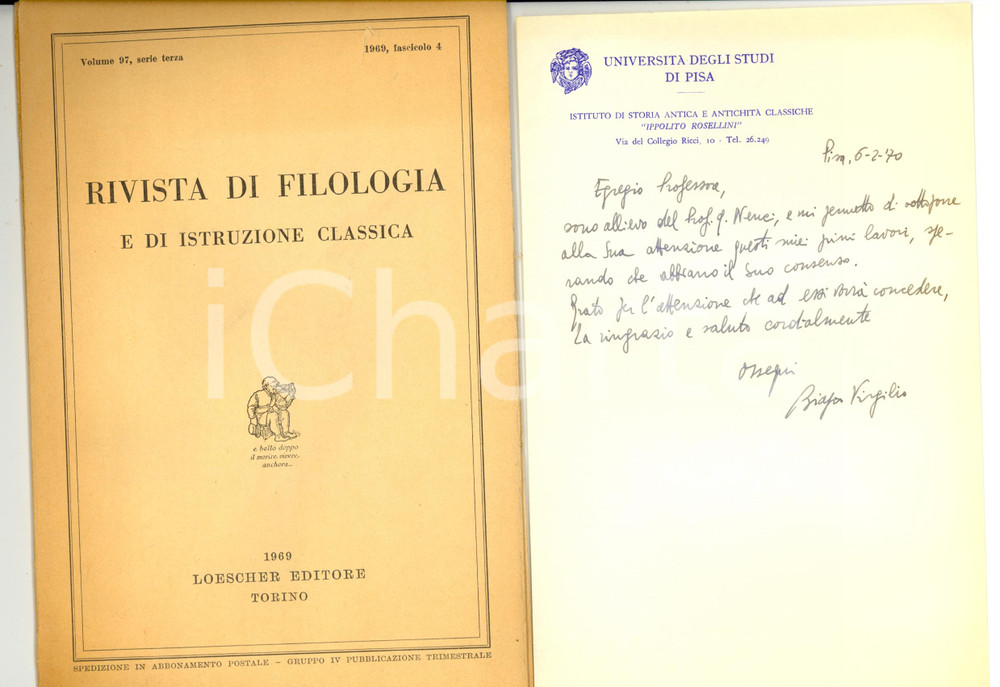 Libro, pubblicazione d epoca 1969 PISA Biagio VIRGILIO Sulle prossenie greche AUTOGRAFO 1