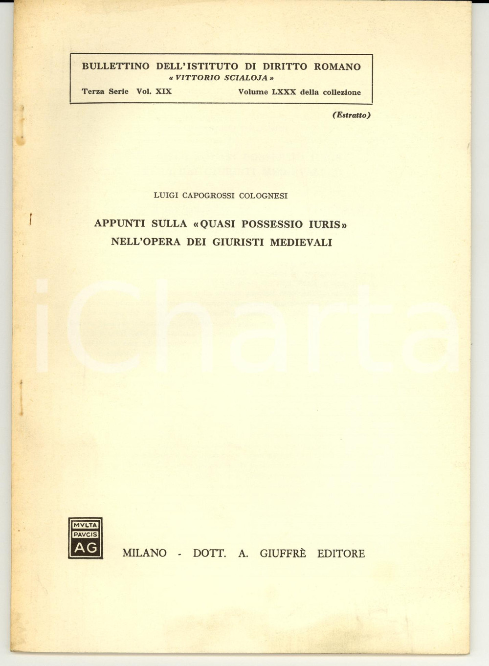 Libro, pubblicazione d epoca 1971 Luigi CAPOGROSSI COLOGNESI Appunti sulla  quasi possessio iuris 1