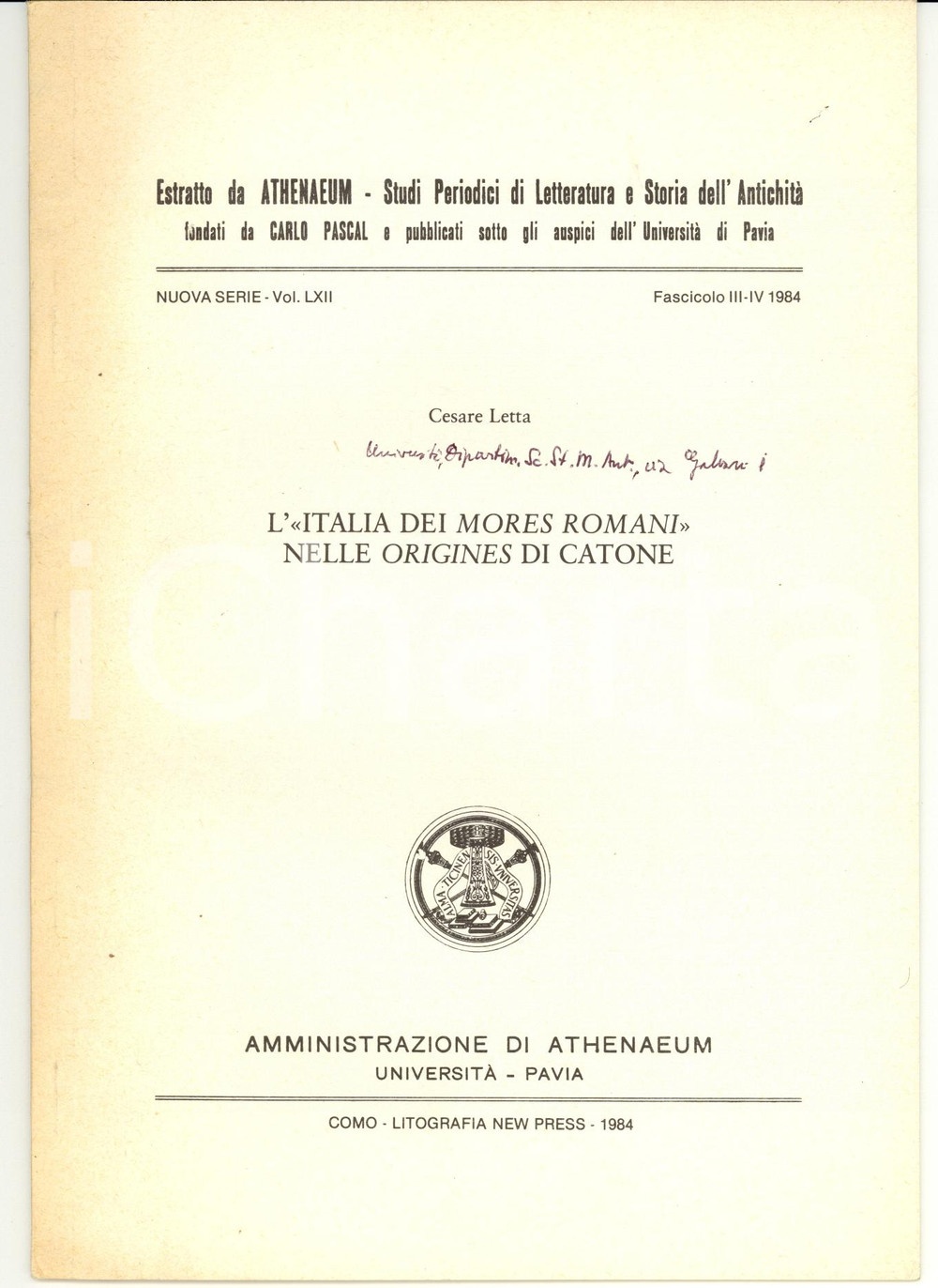 Libro, pubblicazione d epoca 1984 Cesare LETTA L Italia dei mores romani nelle Origines di Catone 1