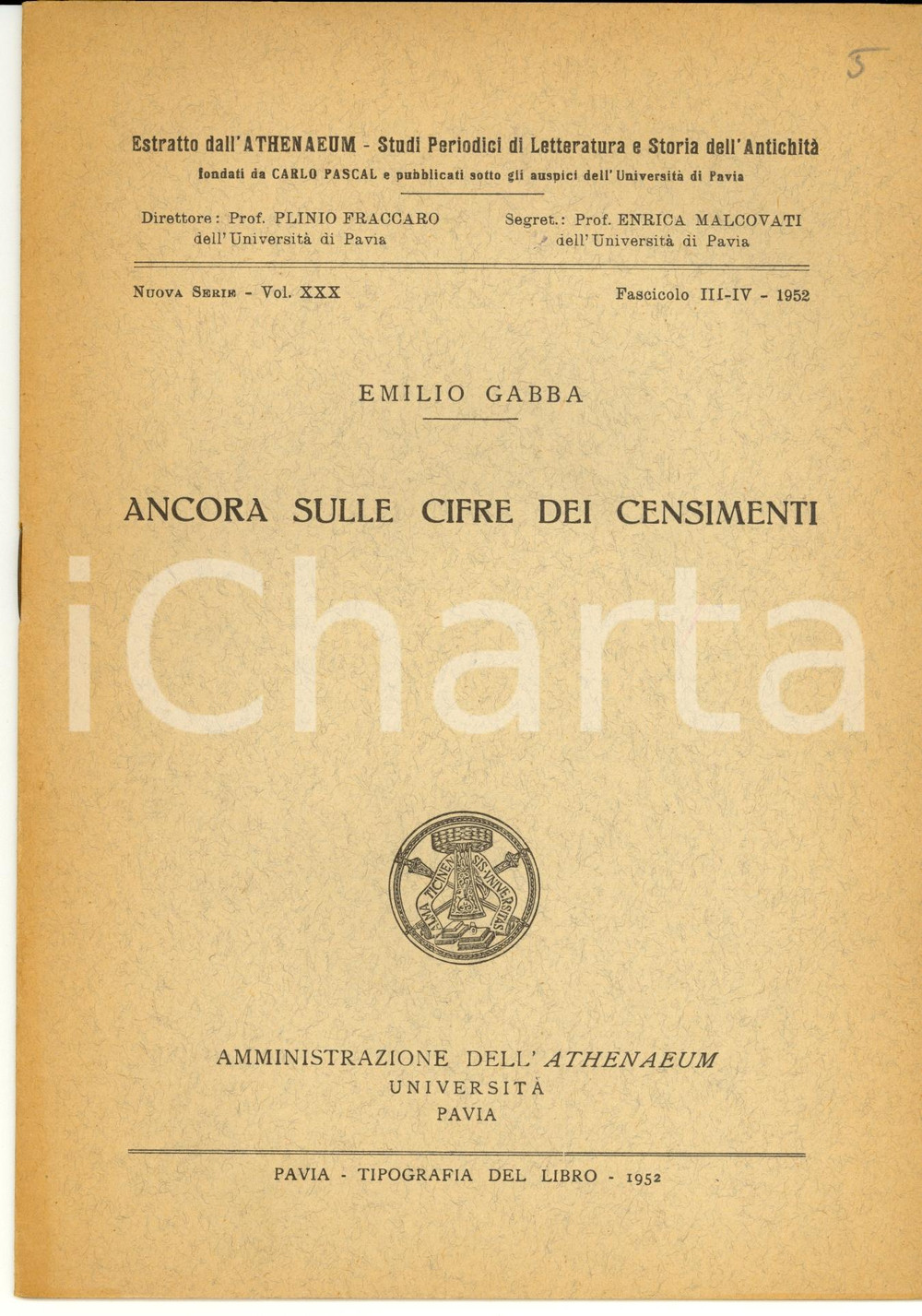 Libro, pubblicazione d epoca 1952 Emilio GABBA Ancora sulle cifre dei censimenti 1