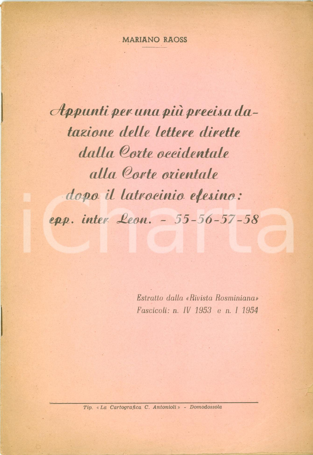 Libro, pubblicazione d epoca 1954 Mariano RAOSS Datazione lettere dopo latrocinio efesino Opuscolo 1