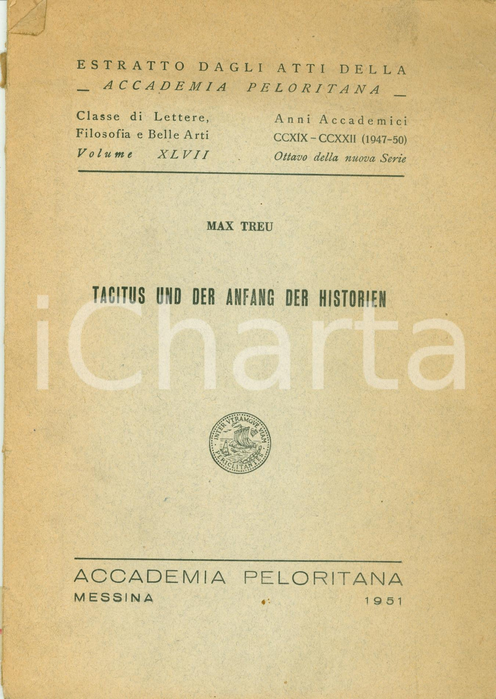 Libro, pubblicazione d epoca 1951 Max TREU Tacitus und der Anfang der Historien Invio AUTOGRAFO opuscolo 1