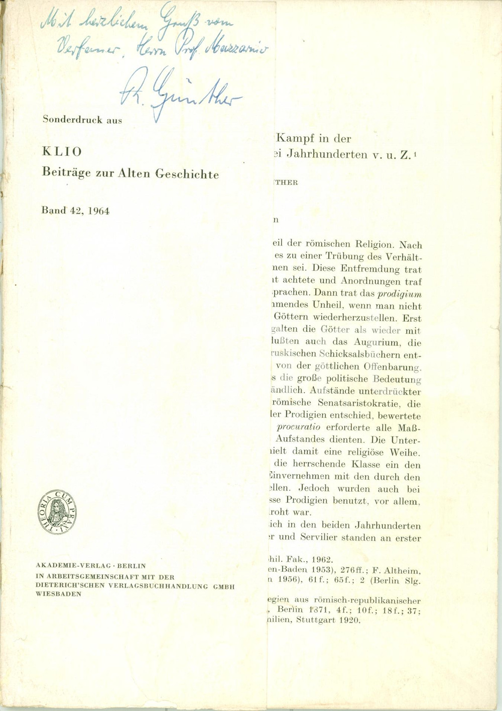 Autografo originale 1964 Rigobert GUNTHER Politischideologische Kampf römischen Religion AUTOGRAFO 1