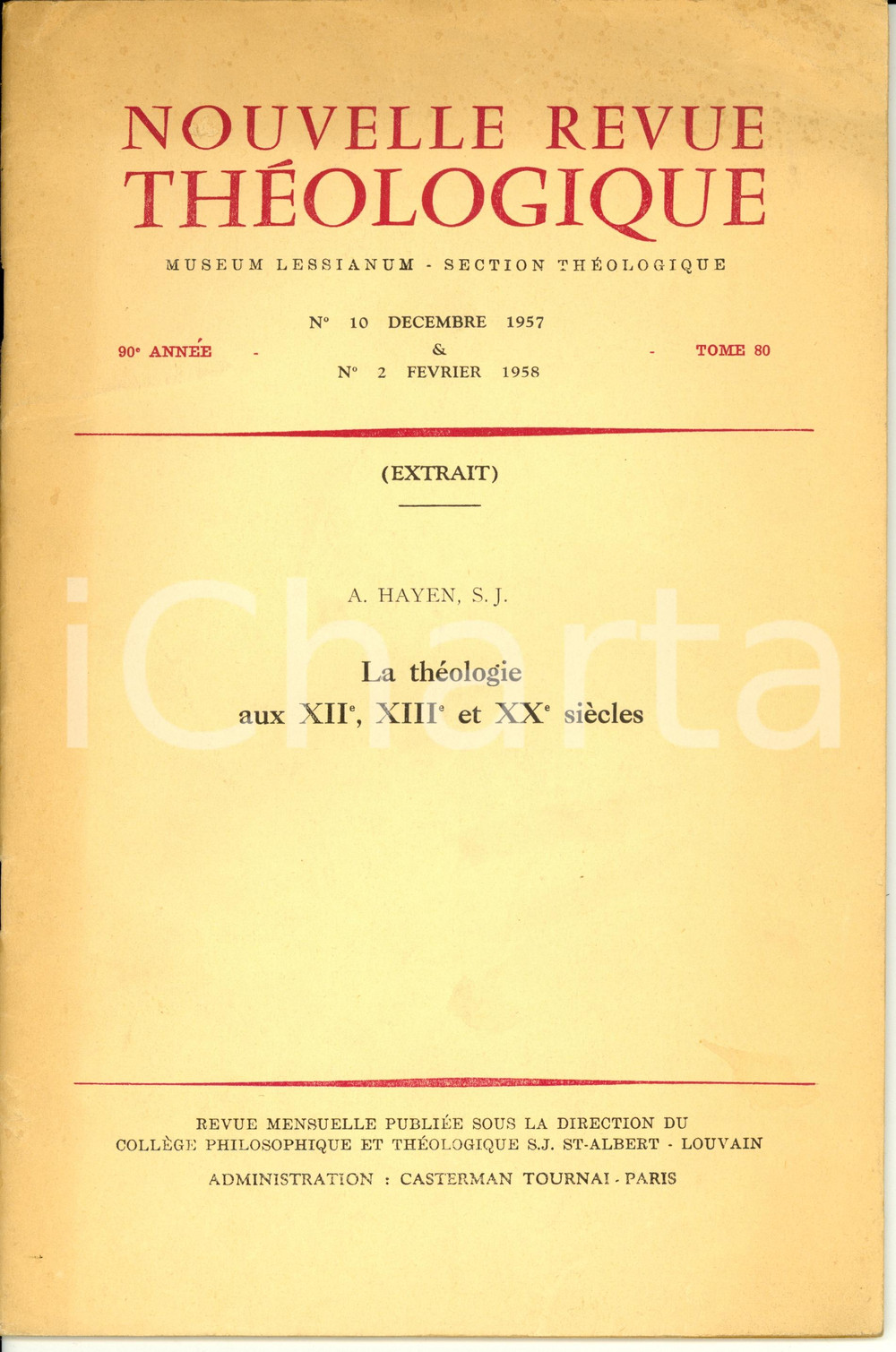 Libro, pubblicazione d epoca 1958 AndrÃ© HAYEN La thÃ©ologie aux XII, XIII et XX siÃ¨cles Opuscolo AUTOGRAFO 1