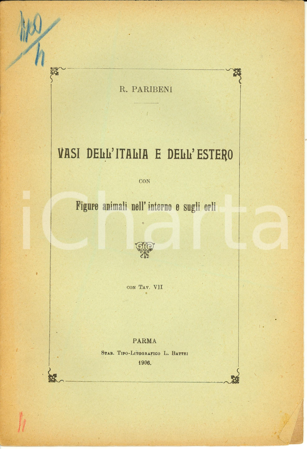 Libro, pubblicazione d epoca 1906 Roberto PARIBENI Vasi ITALIA e estero con figure animali con TAVOLE 1