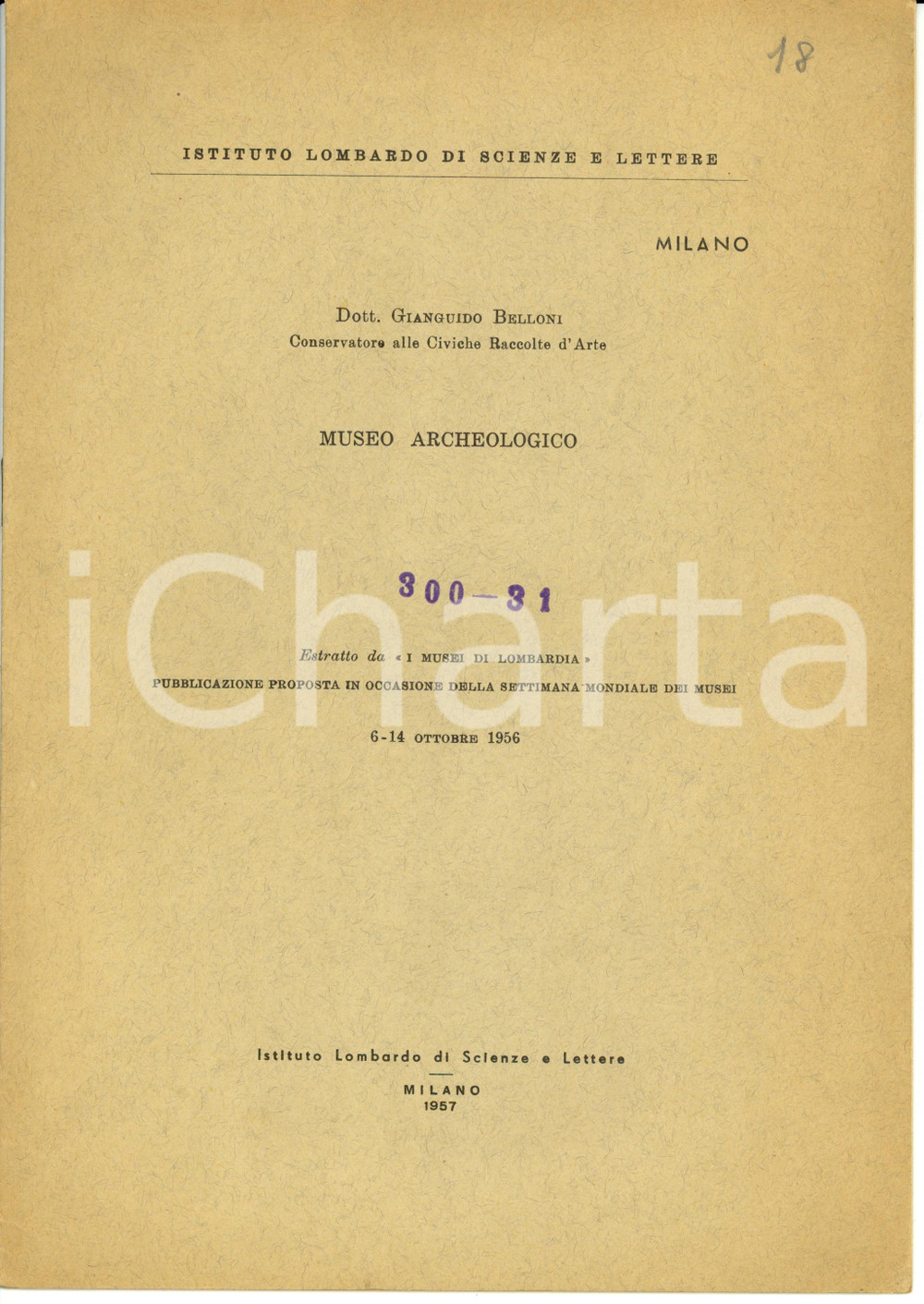 Libro, pubblicazione d epoca 1956 Gianguido BELLONI Museo Archeologico Opuscolo 1