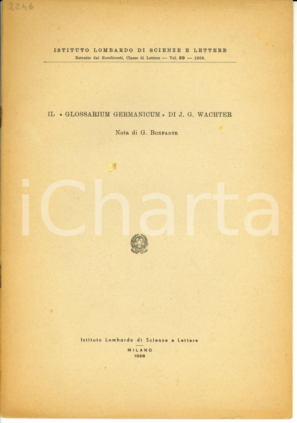 Libro, pubblicazione d epoca 1956 Johann Georg WACHTER Il Glossarium Germanicum Opuscolo 1