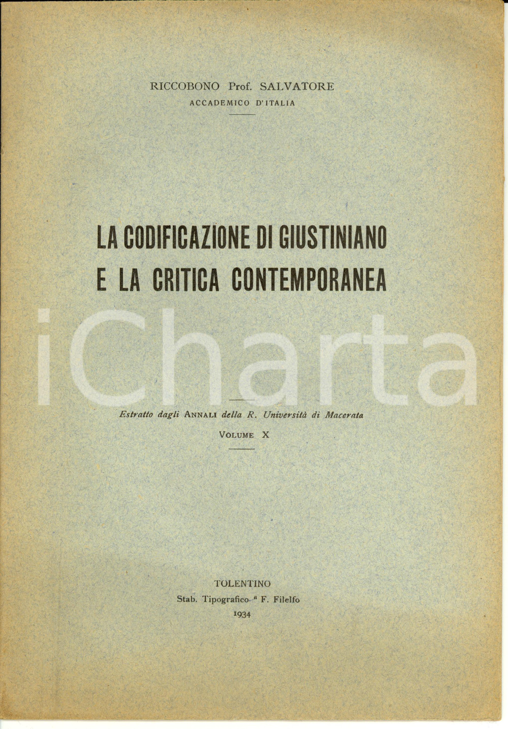 Libro, pubblicazione d epoca 1934 Salvatore RICCOBONO La codificazione di Giustiniano Opuscolo 1
