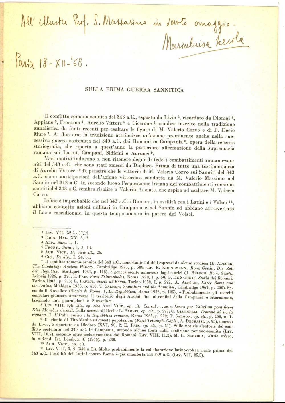 Libro, pubblicazione d epoca 1967 Maria Luisa SCEVOLA Sulla prima guerra sannitica AUTOGRAFO 1