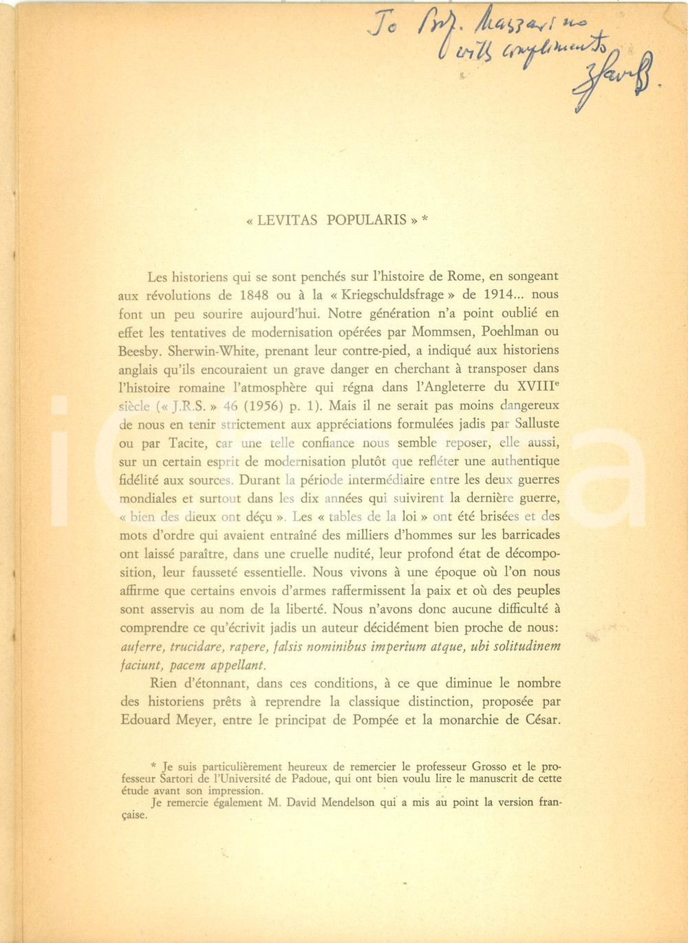 Libro, pubblicazione d epoca 1965 Zvi YAVETZ Levitas Popularis Estratto da ATENE E ROMA con AUTOGRAFO 1
